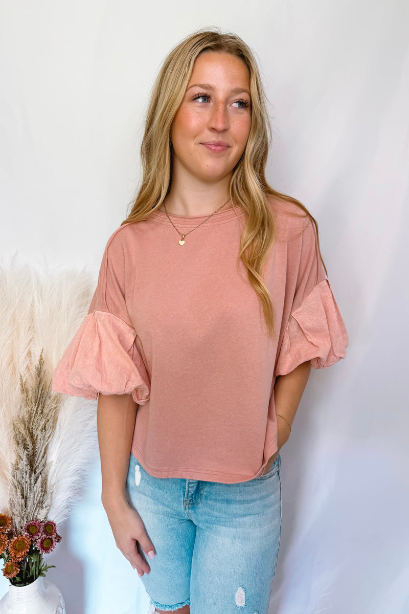 Blushing Babe Contrast Bubble Sleeve Top - Blush