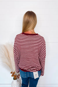 Astrid Lightweight Striped Henley Sweater - Burgundy/Pink