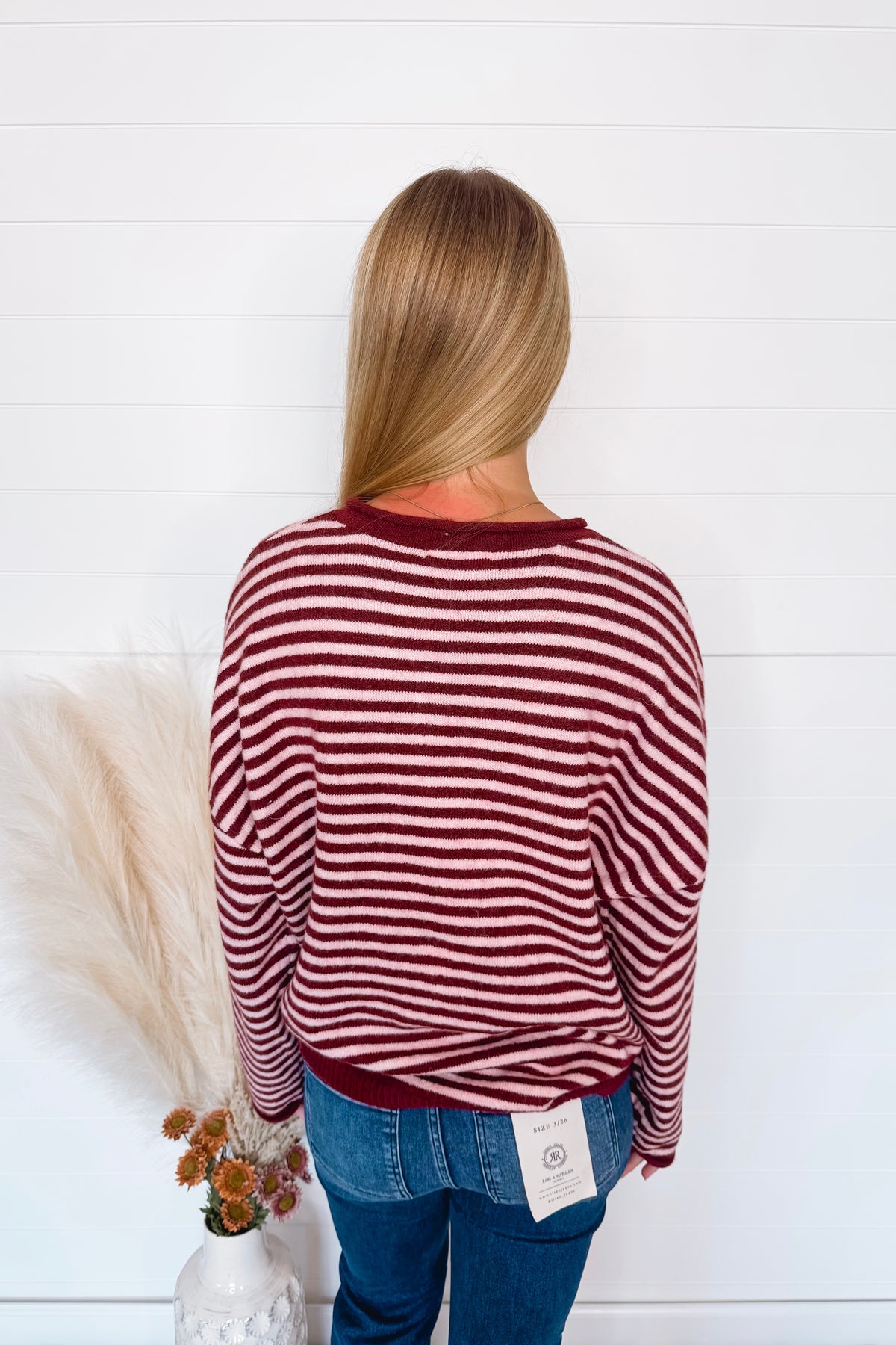 Astrid Lightweight Striped Henley Sweater - Burgundy/Pink