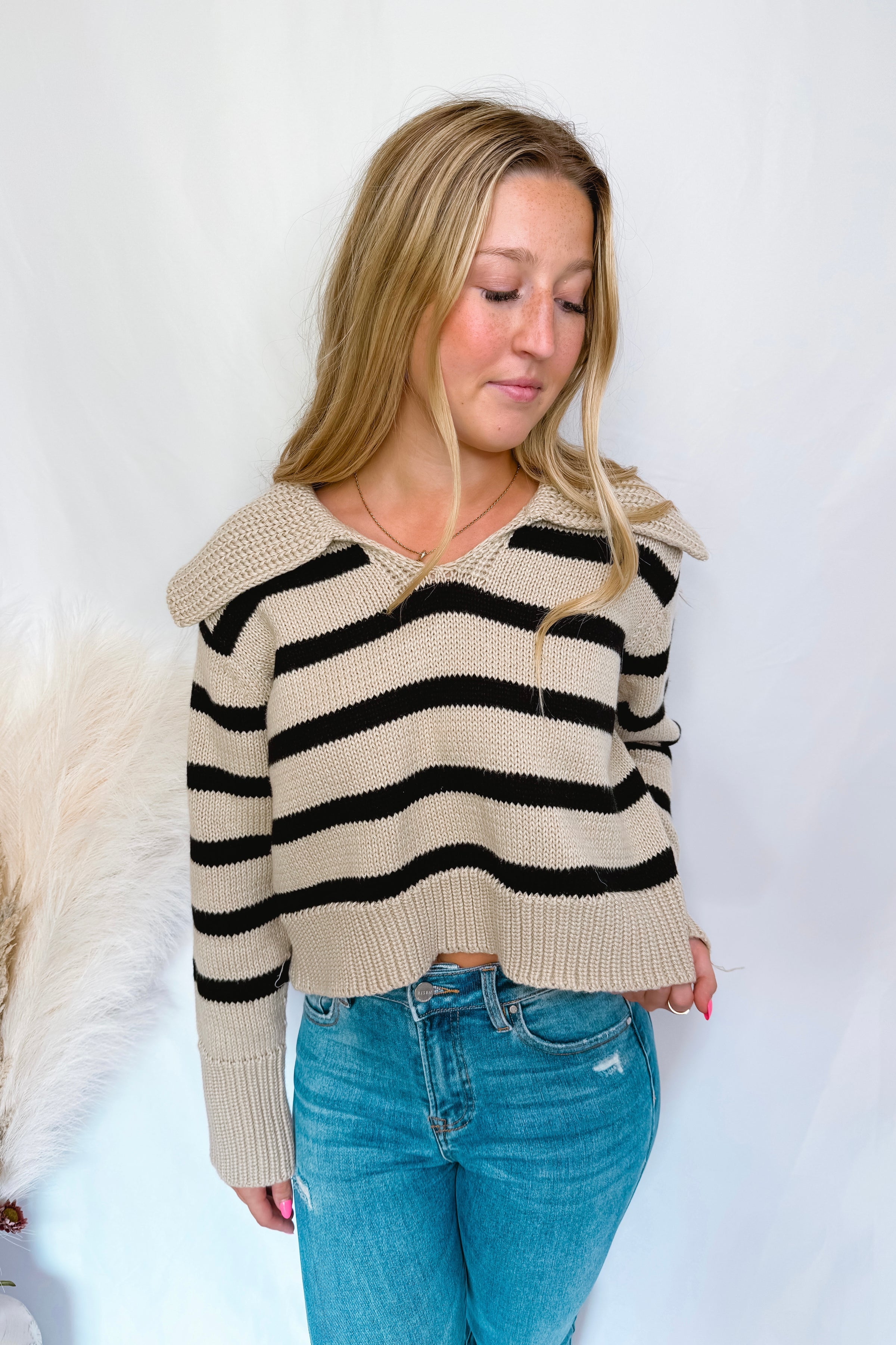 Cooler Days Striped Knit Sweater - Tan/Black