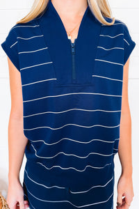 Sporty Days Scuba Stripe Luxe V-Neck Sleeveless Top - Navy/Ivory