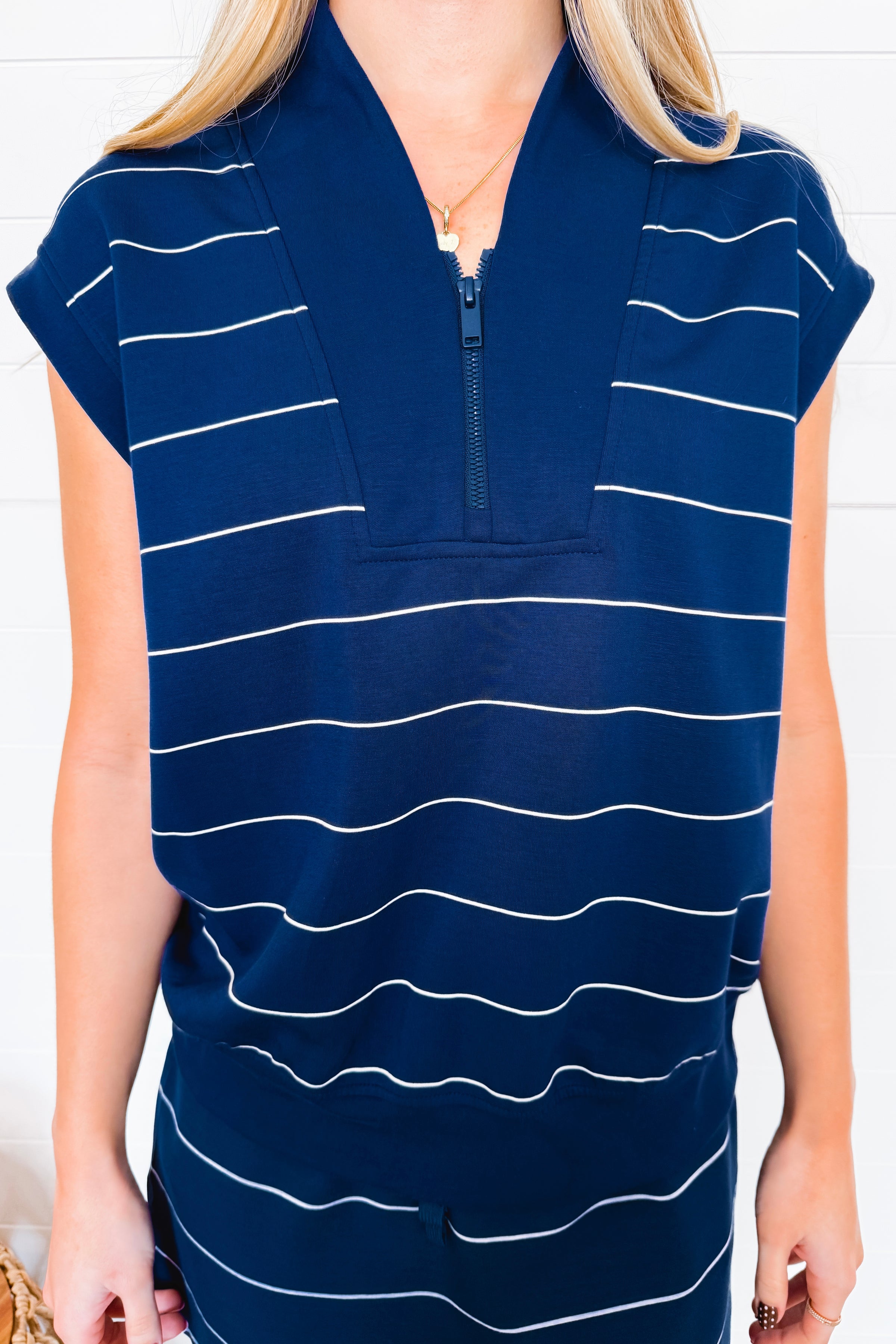 Sporty Days Scuba Stripe Luxe V-Neck Sleeveless Top - Navy/Ivory
