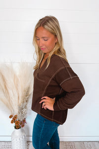 Simple Moments Raw Edge Ribbed Top - Brown