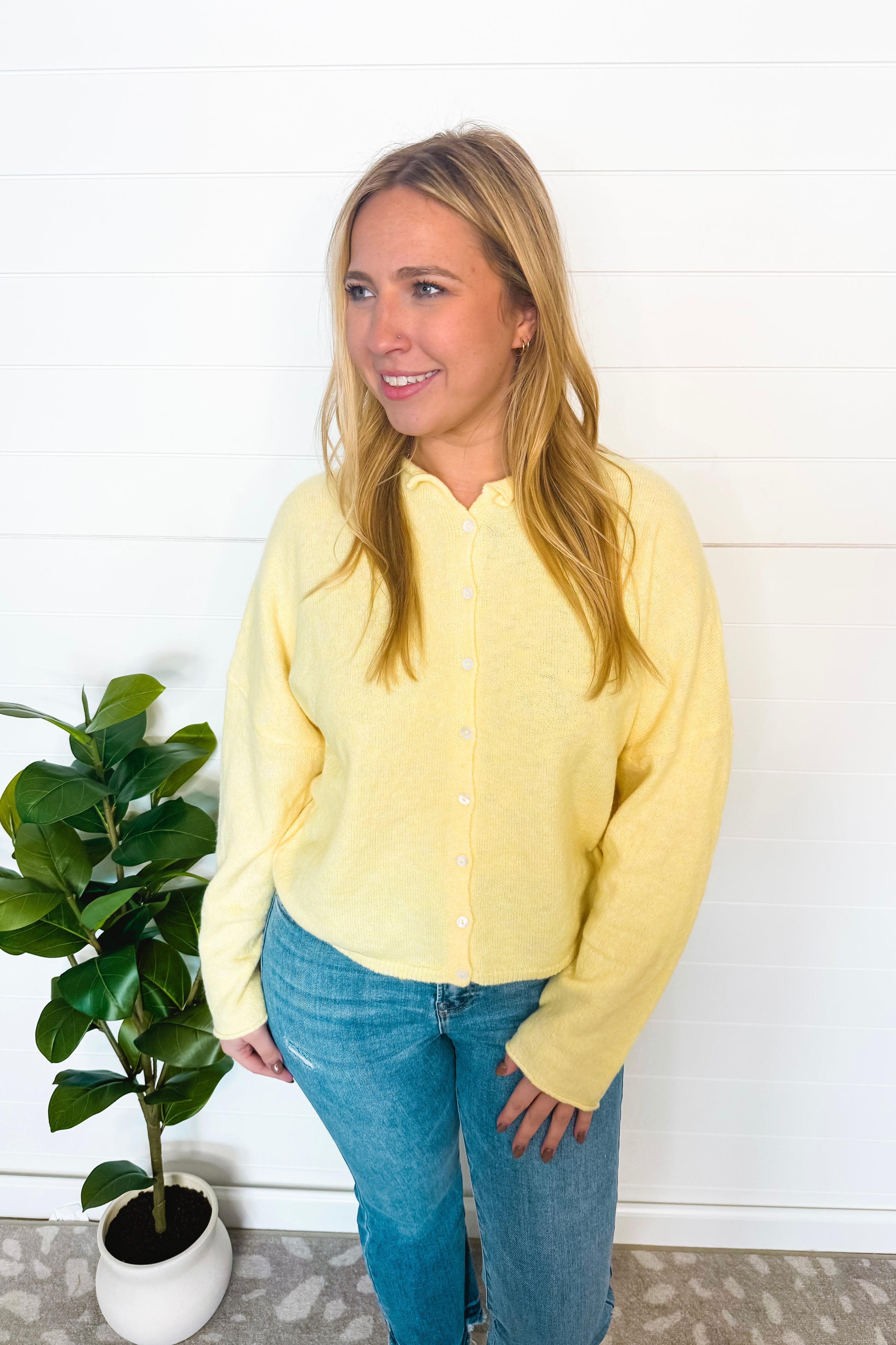 Sweet Breeze Lightweight Button Sweater - Butter Yellow