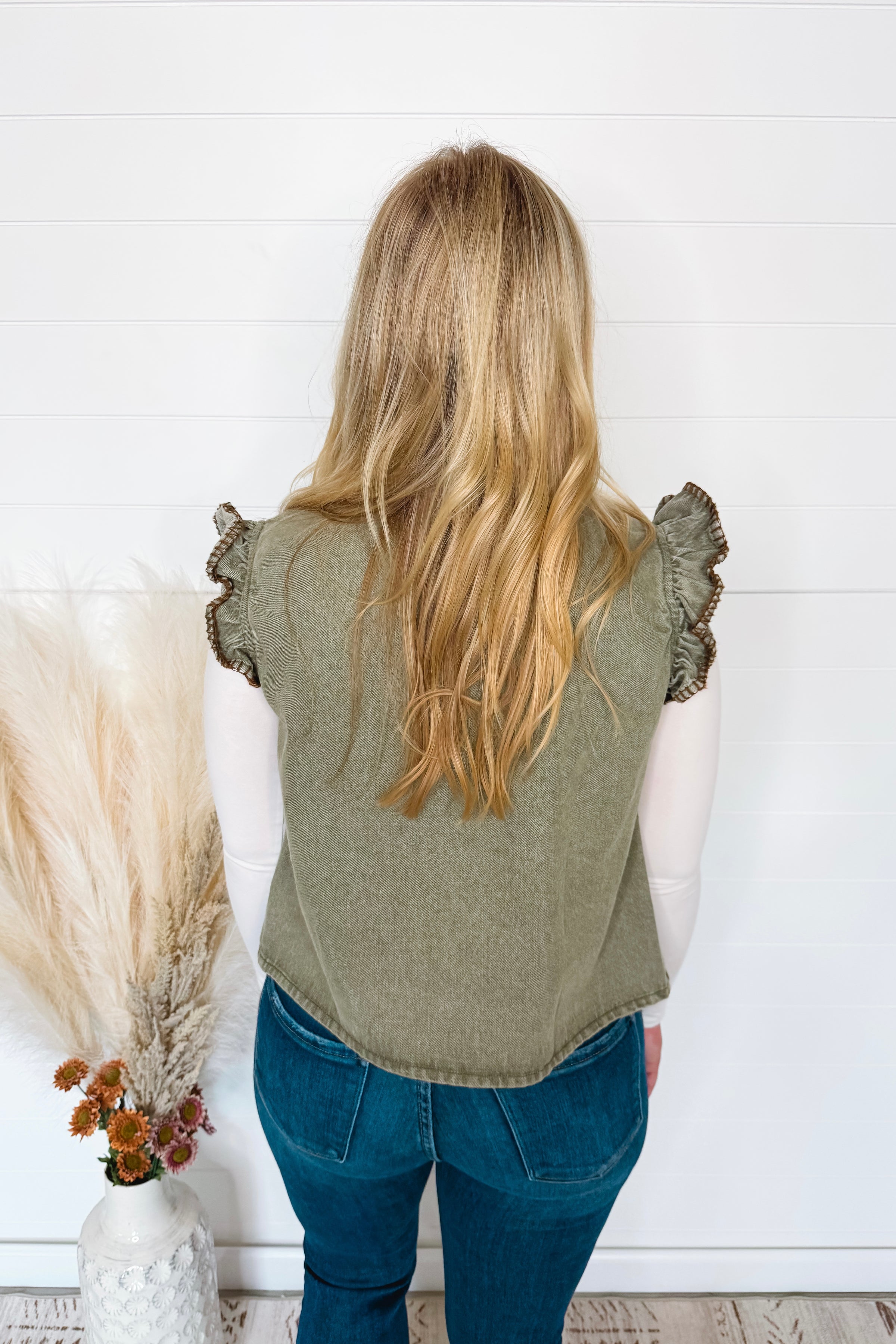 Cozy Charm Button Front Washed Denim Vest - Olive
