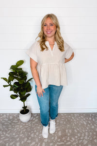 Annie Striped Split Neck Peplum Top - Taupe