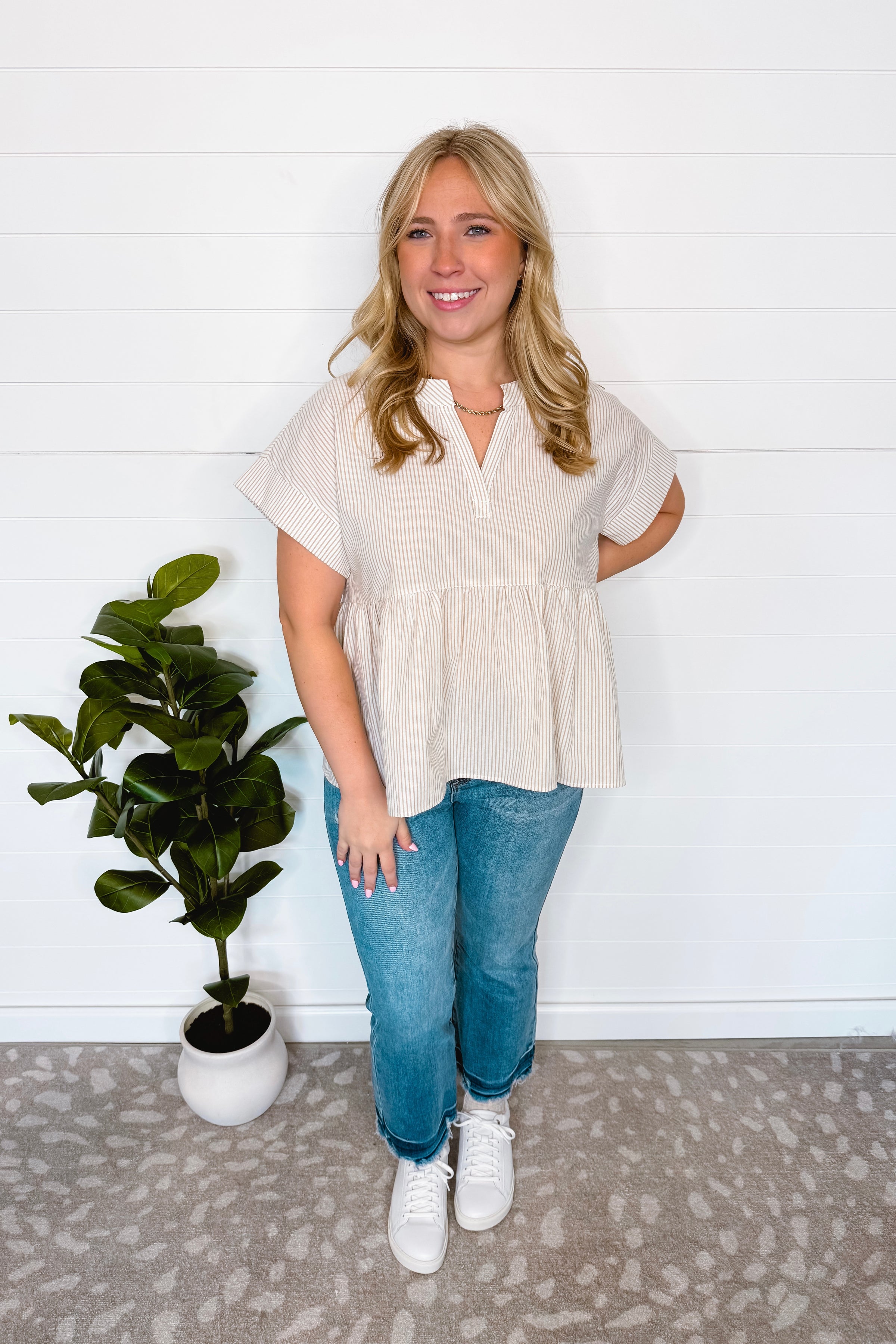 Annie Striped Split Neck Peplum Top - Taupe