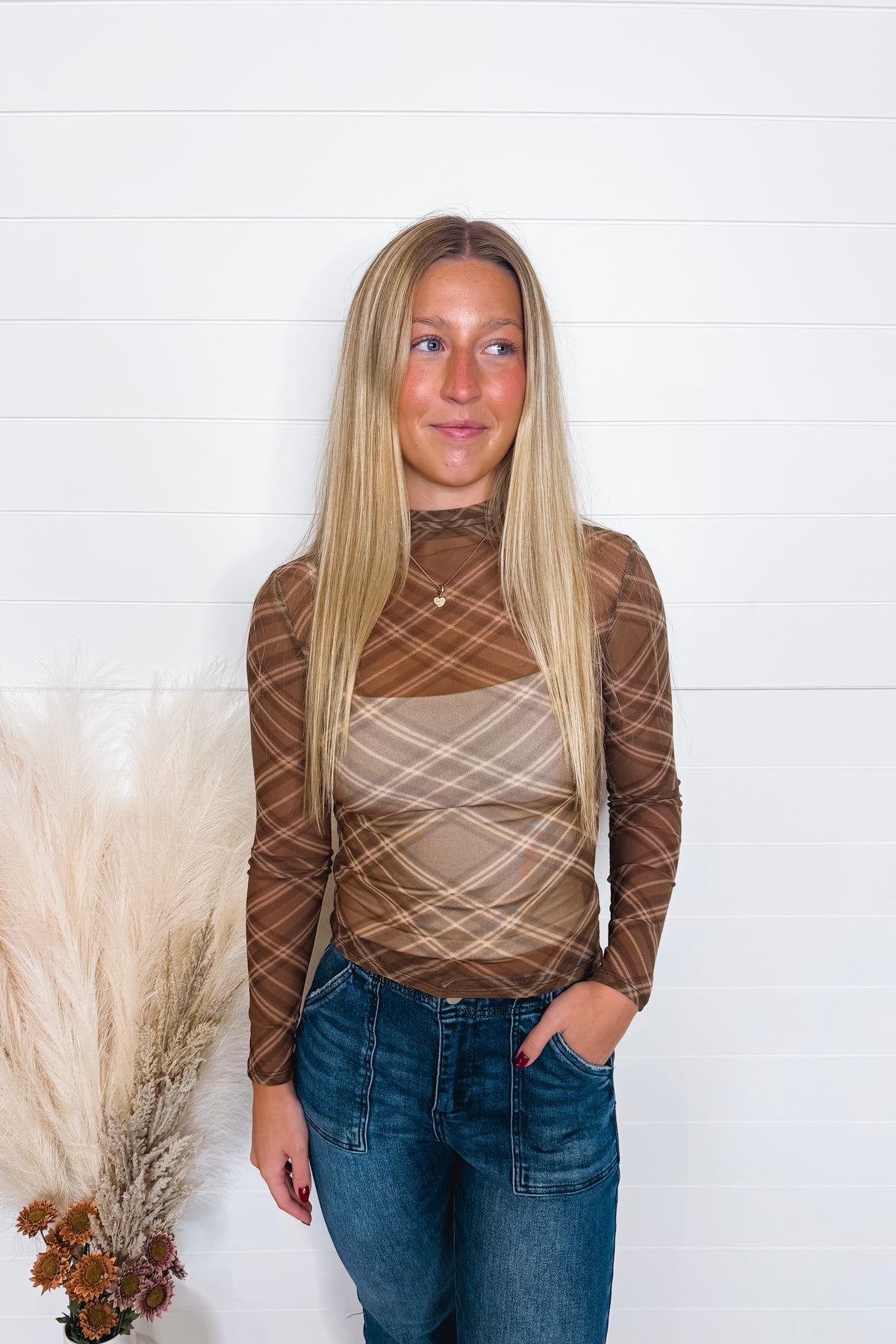 Frankie Mesh Mock Neck Plaid Top - Brown