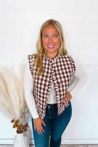 Coffee Time Quilted Gingham Vest - Brown