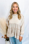 Happiness Tiered Ruffle Crew Neck Top - Oatmeal