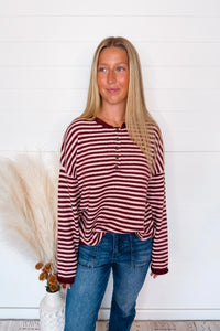 Astrid Lightweight Striped Henley Sweater - Burgundy/Pink