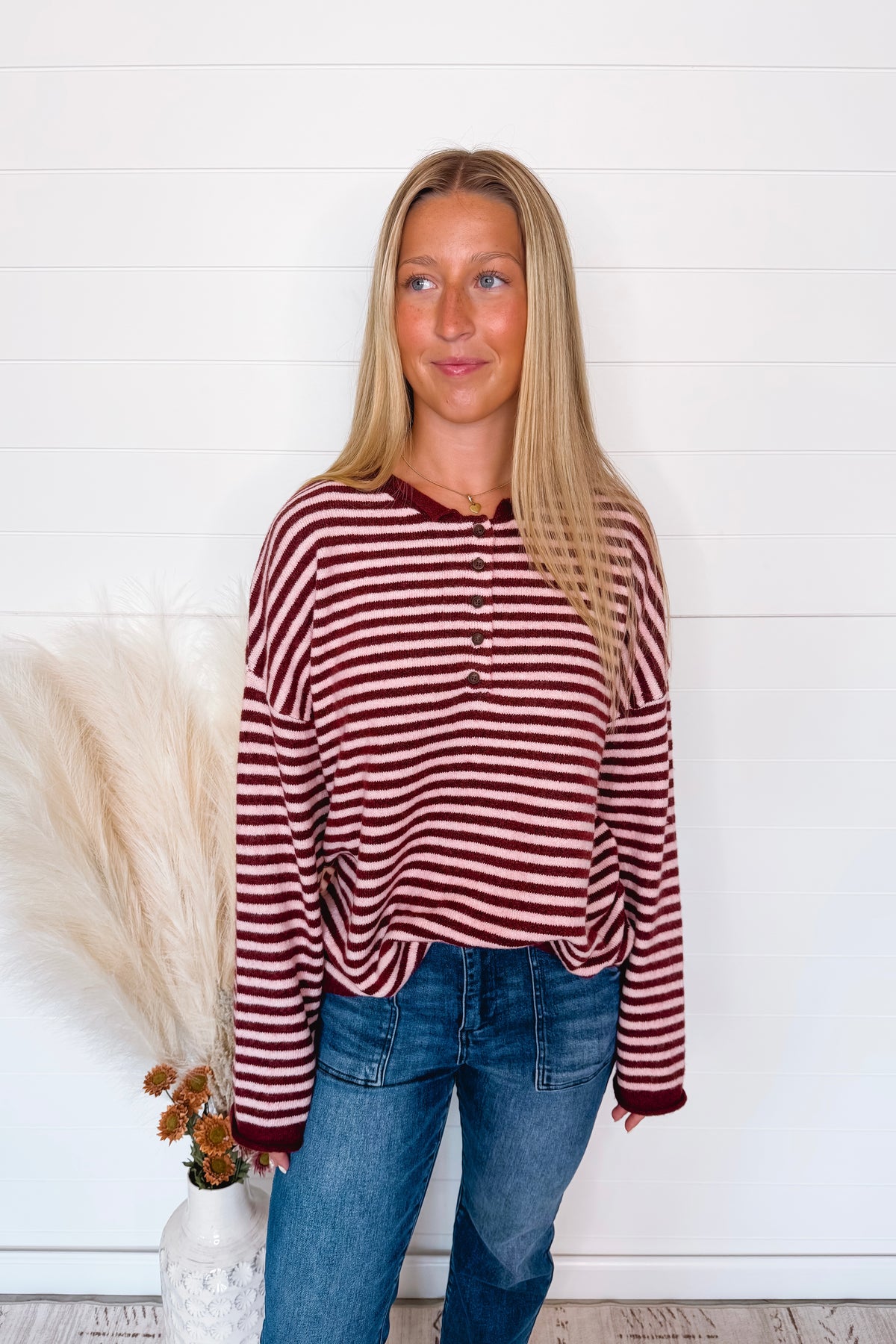 Astrid Lightweight Striped Henley Sweater - Burgundy/Pink