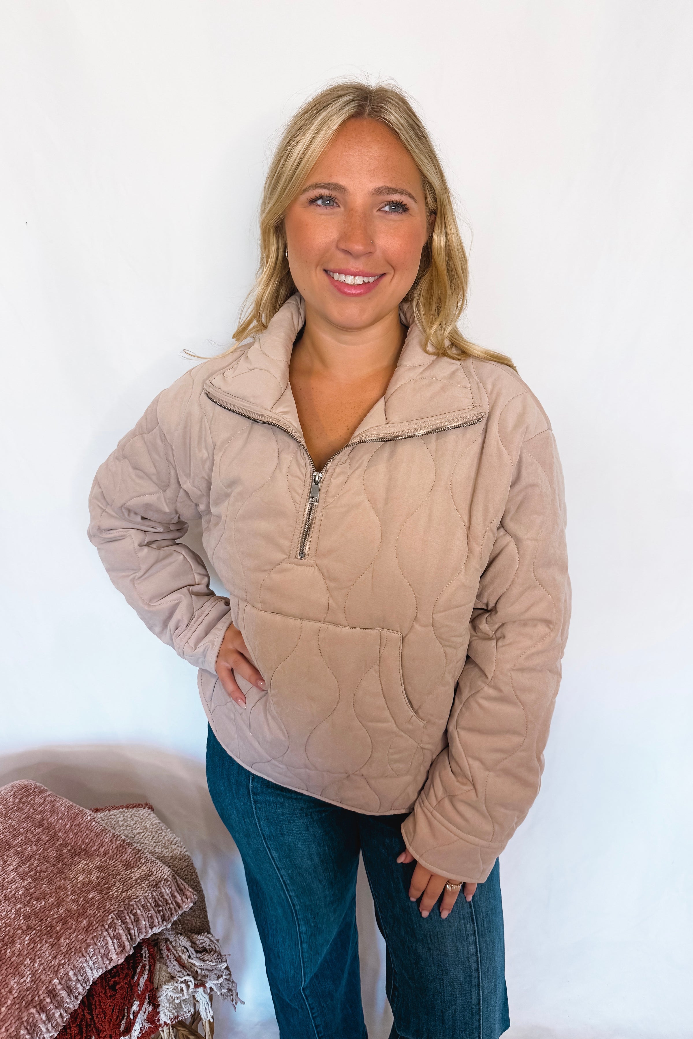Uptown Charm Quilted Quarter Zip Pullover - Taupe