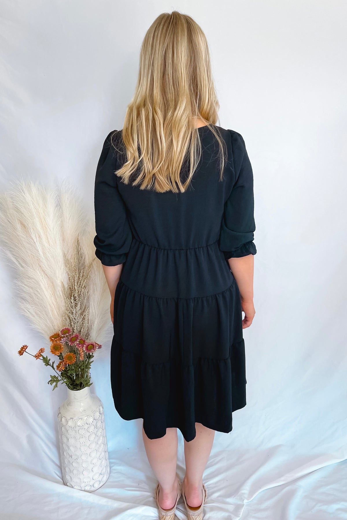 Fashionably Late Tiered Mini Dress - Black