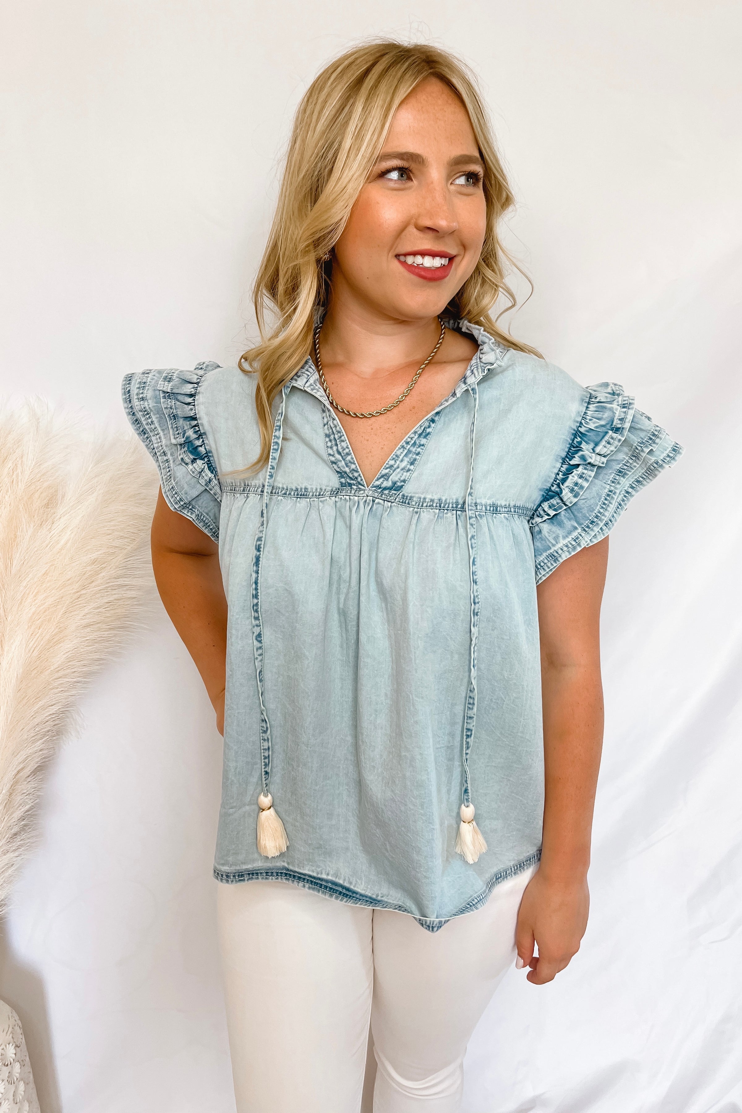 Stunning Vibes Chambray Ruffle Sleeve Top