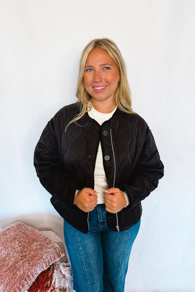 Cheerful Smile Quilted Jacket - Black