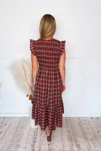 In the Meadow Smocked Plaid Midi Dress - Burgundy