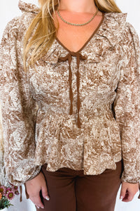 Count On Me Toile Babydoll Blouse - Brown/Ivory