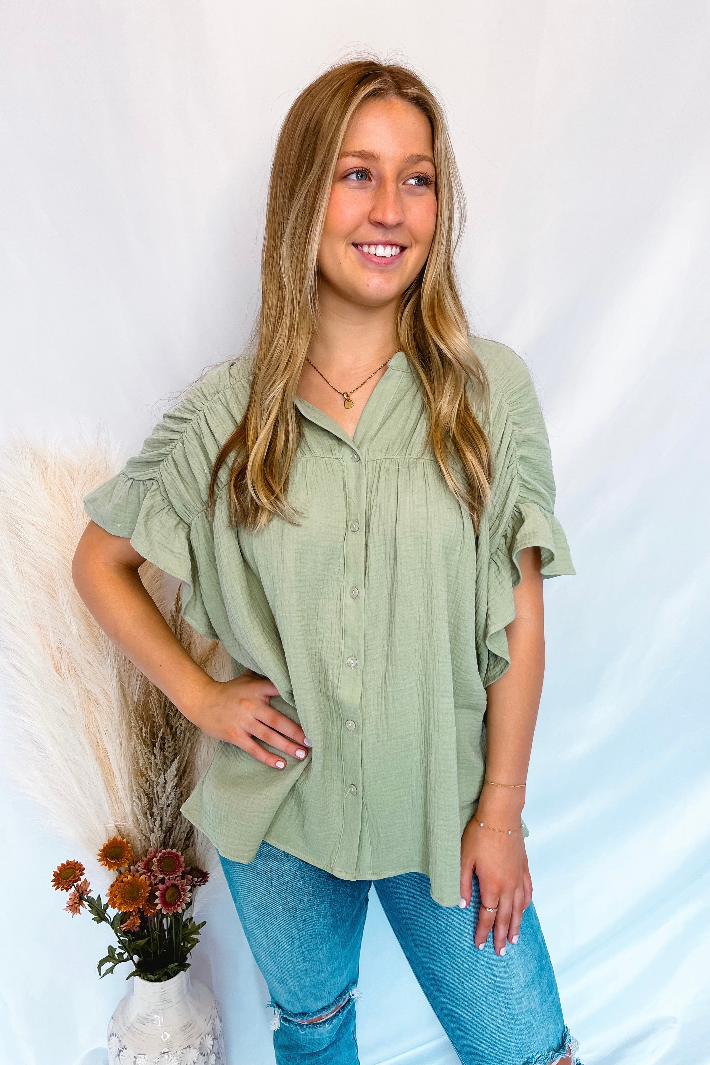 Gracie Ruffle Gauze Button Down Top - Sage