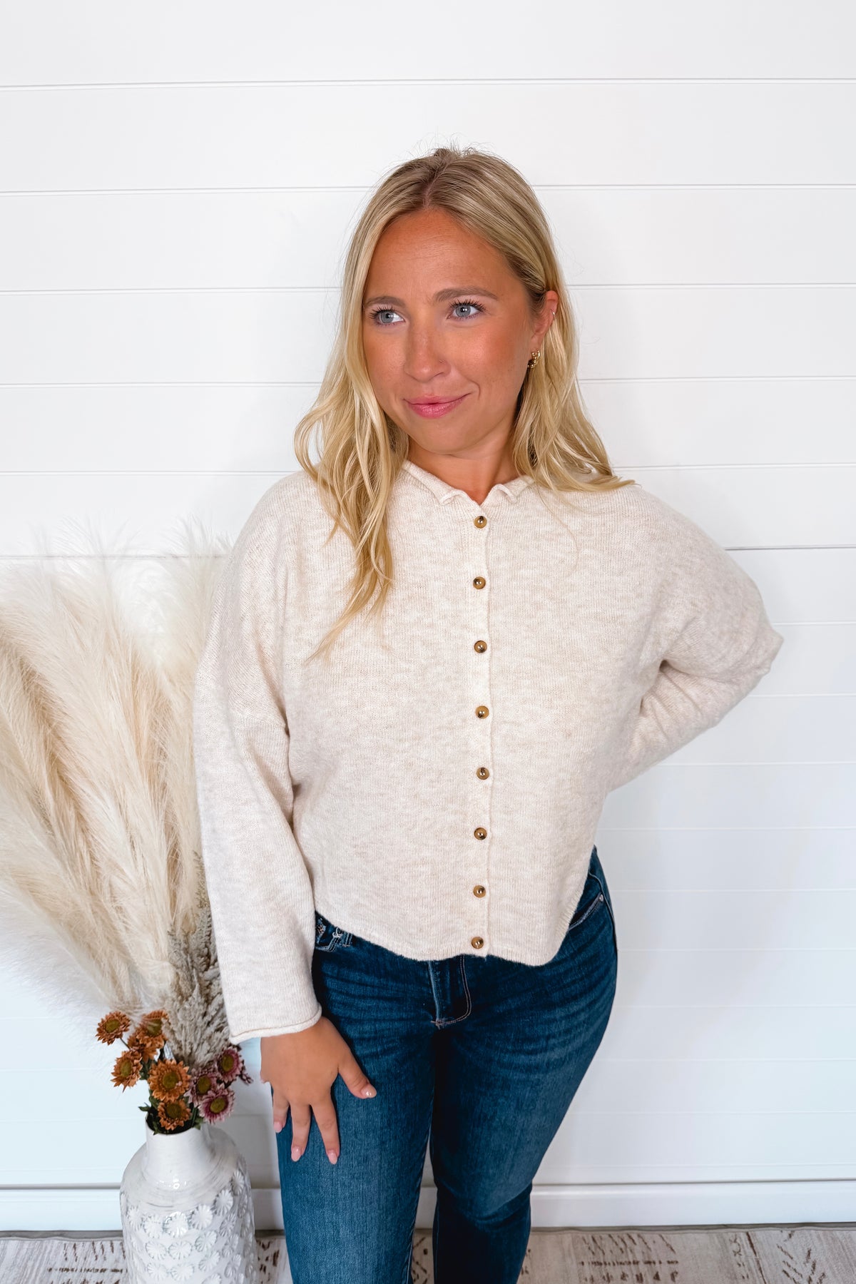Sweet Breeze Lightweight Button Sweater - Oatmeal