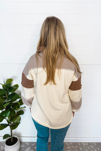 Weekend Smiles Oversized Henley Top - Ivory/Brown