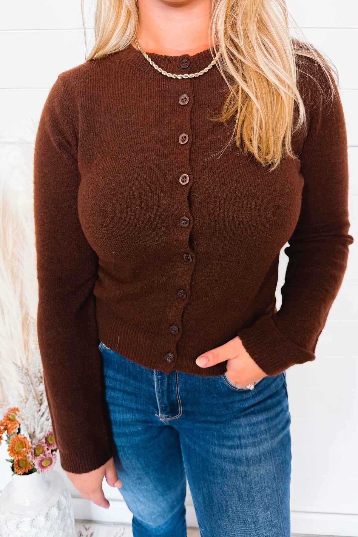 Victoria Lightweight Button Sweater - Brown