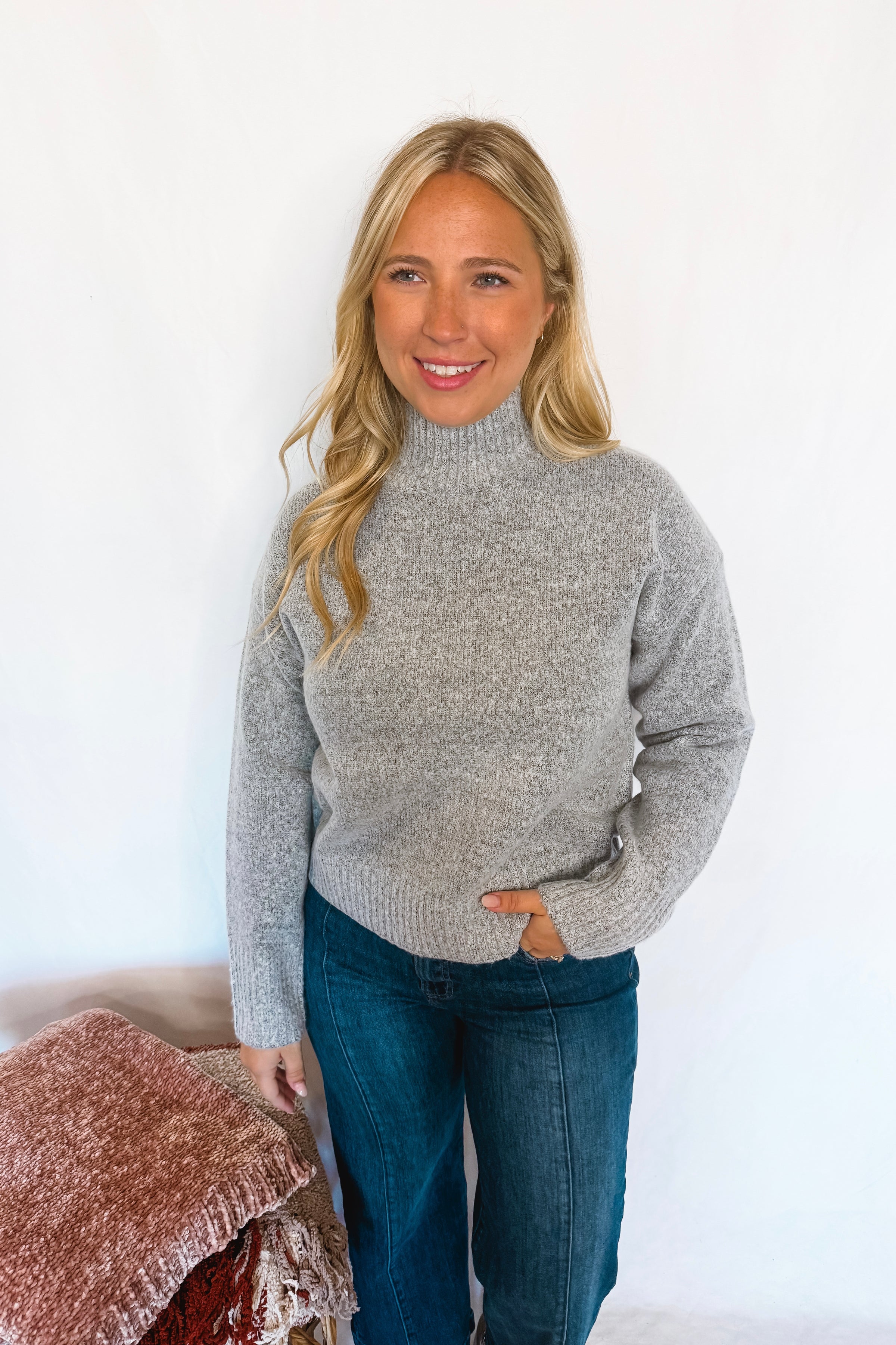 New York Chill Mock Neck Knit Sweater - Grey