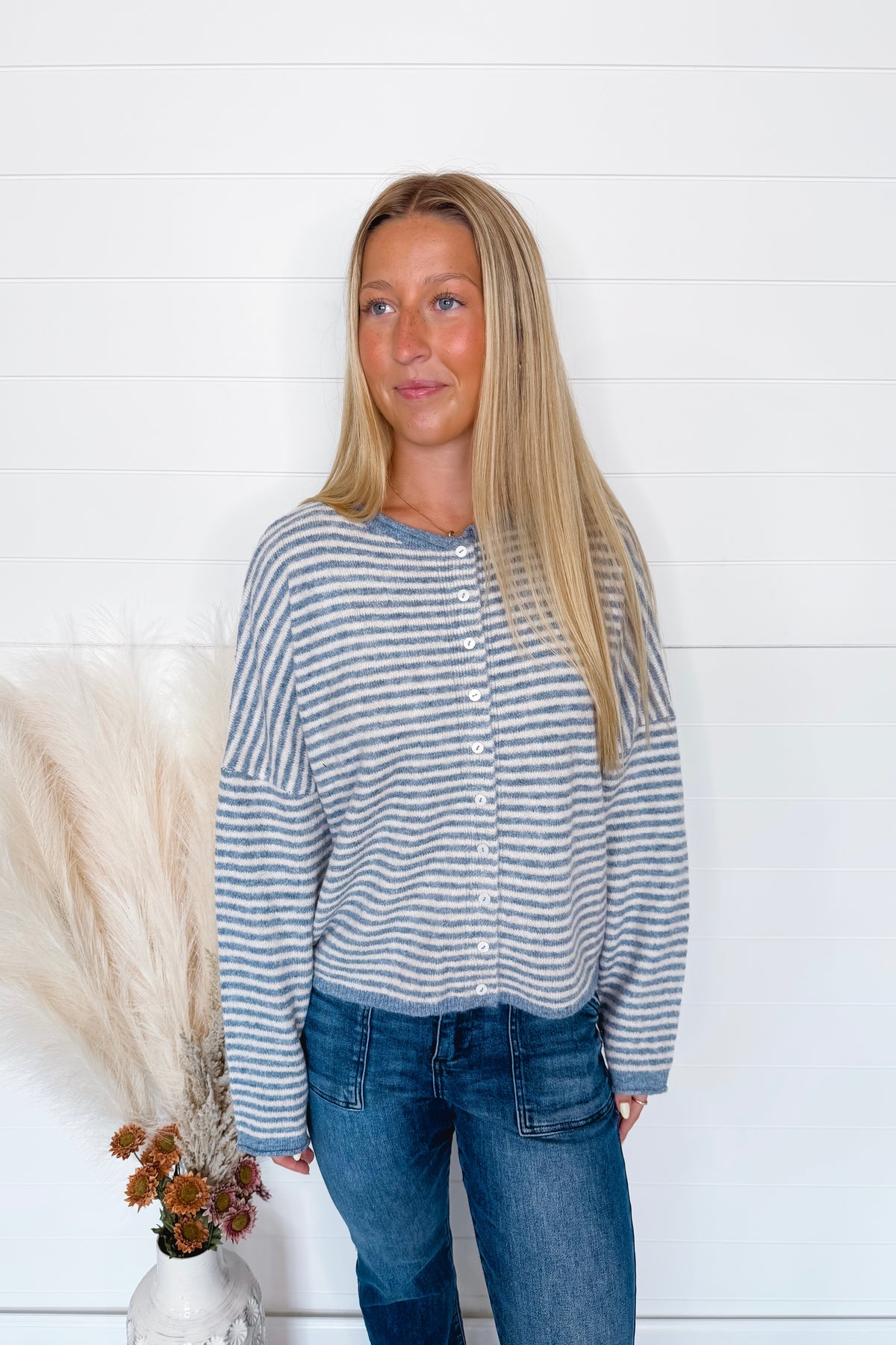 Gwen Lightweight Striped Button Sweater - Dusty Blue/Ivory