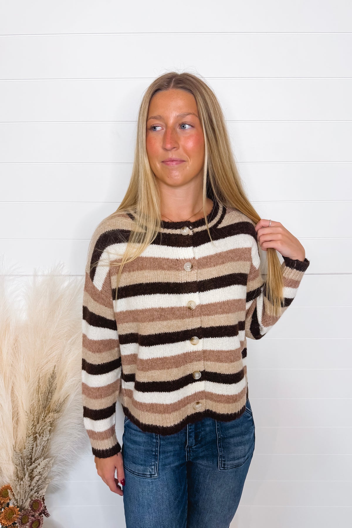 Warm Cocoa Striped Button Sweater - Mocha