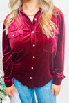 Sweet Shimmer Velvet Button Down Top - Burgundy