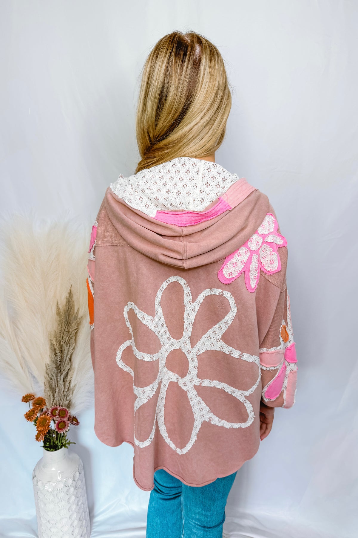 Boho Blooms Lace Flower Patch Button Hoodie - Mauve