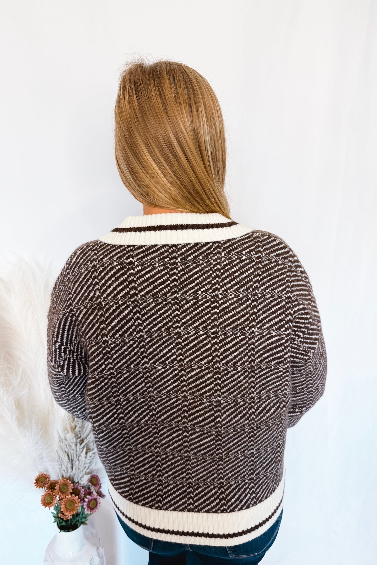Cuddle Charm Collared Split-Neck Sweater - Brown