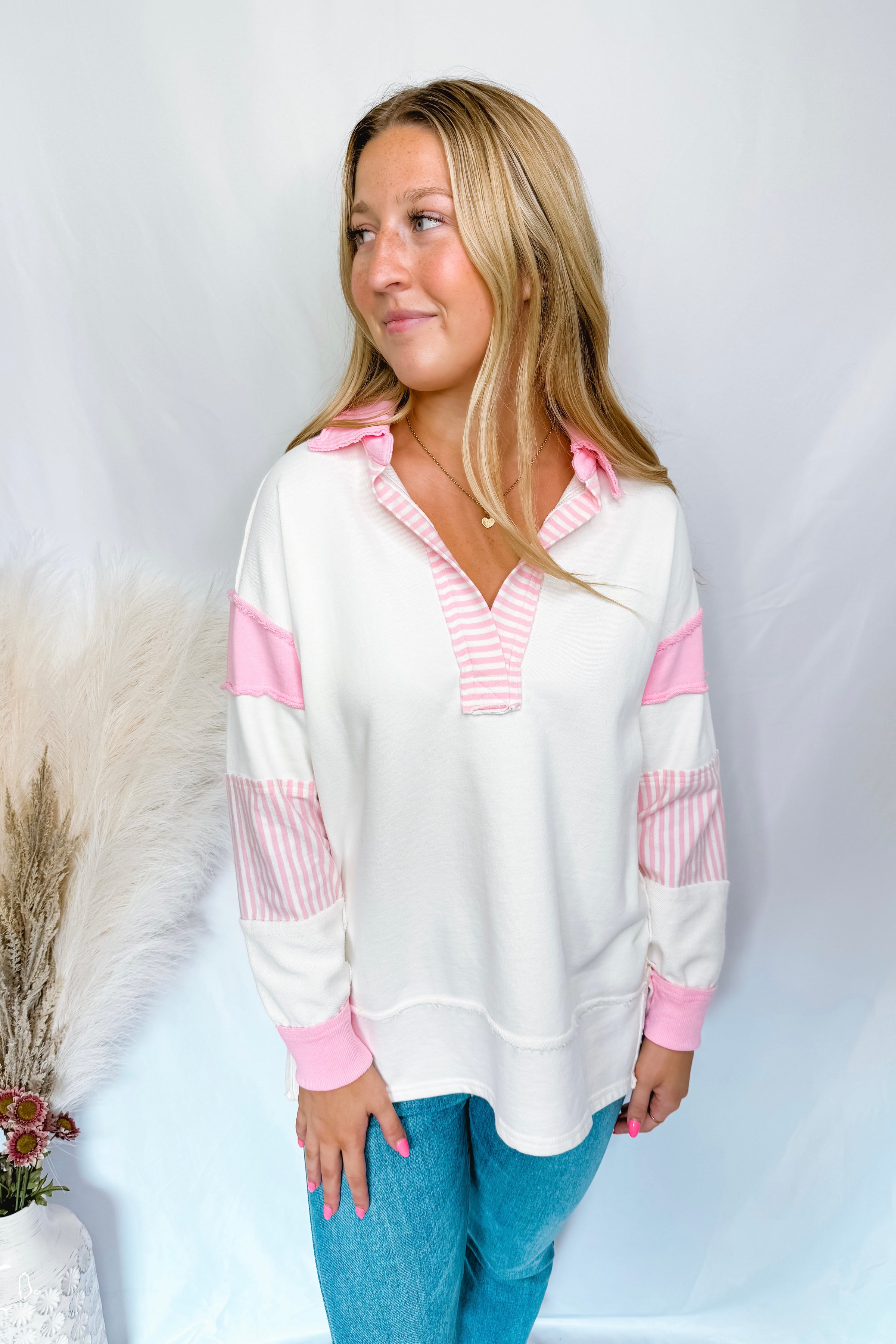 Count On Me Oversized V-Neck Pullover - Ivory/Pink