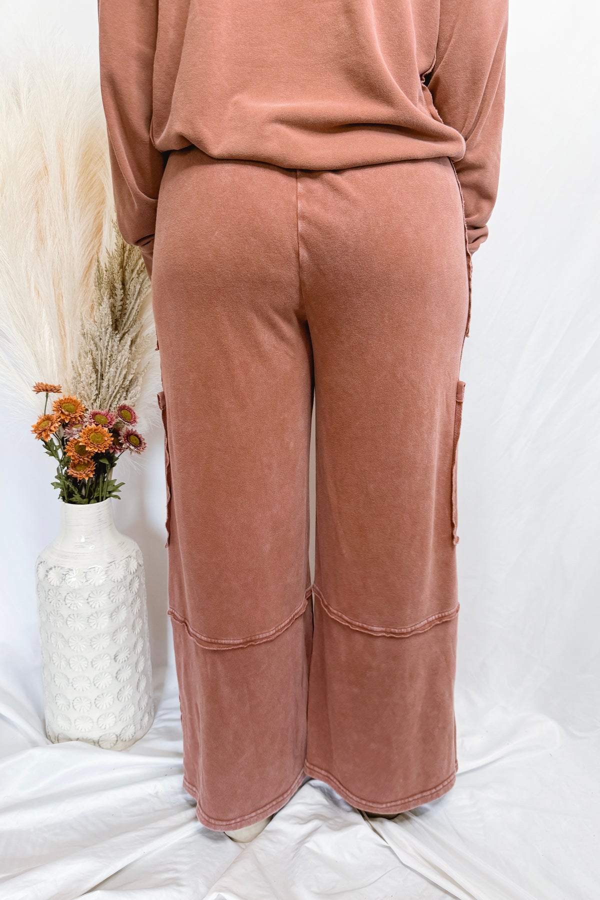 Falling Leaves Wide Leg Mineral Washed Pants - Chestnut