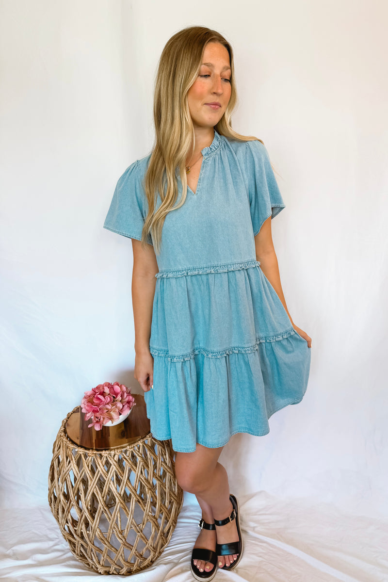 Day Dreamer Denim Tiered Dress - Light Wash