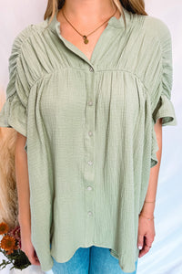 Gracie Ruffle Gauze Button Down Top - Sage