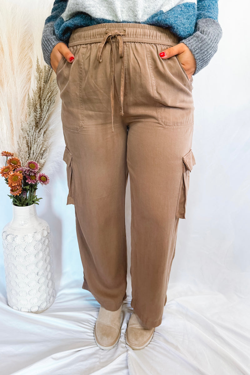 Weekend Vibe Drawstring Wide Leg Cargo Pants - Hazelnut