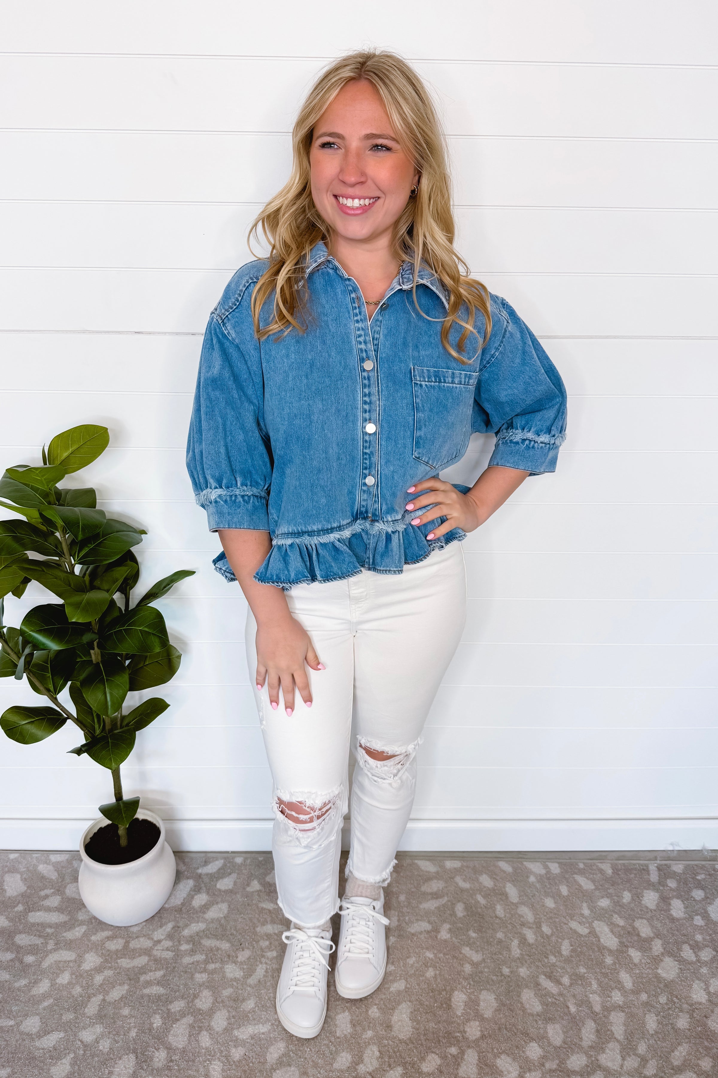 Downtown Ruffle Denim Top - Light