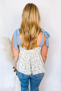 Romantic Getaway Floral Tie Shoulder Tank - Ivory/Blue