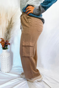 Weekend Vibe Drawstring Wide Leg Cargo Pants - Hazelnut