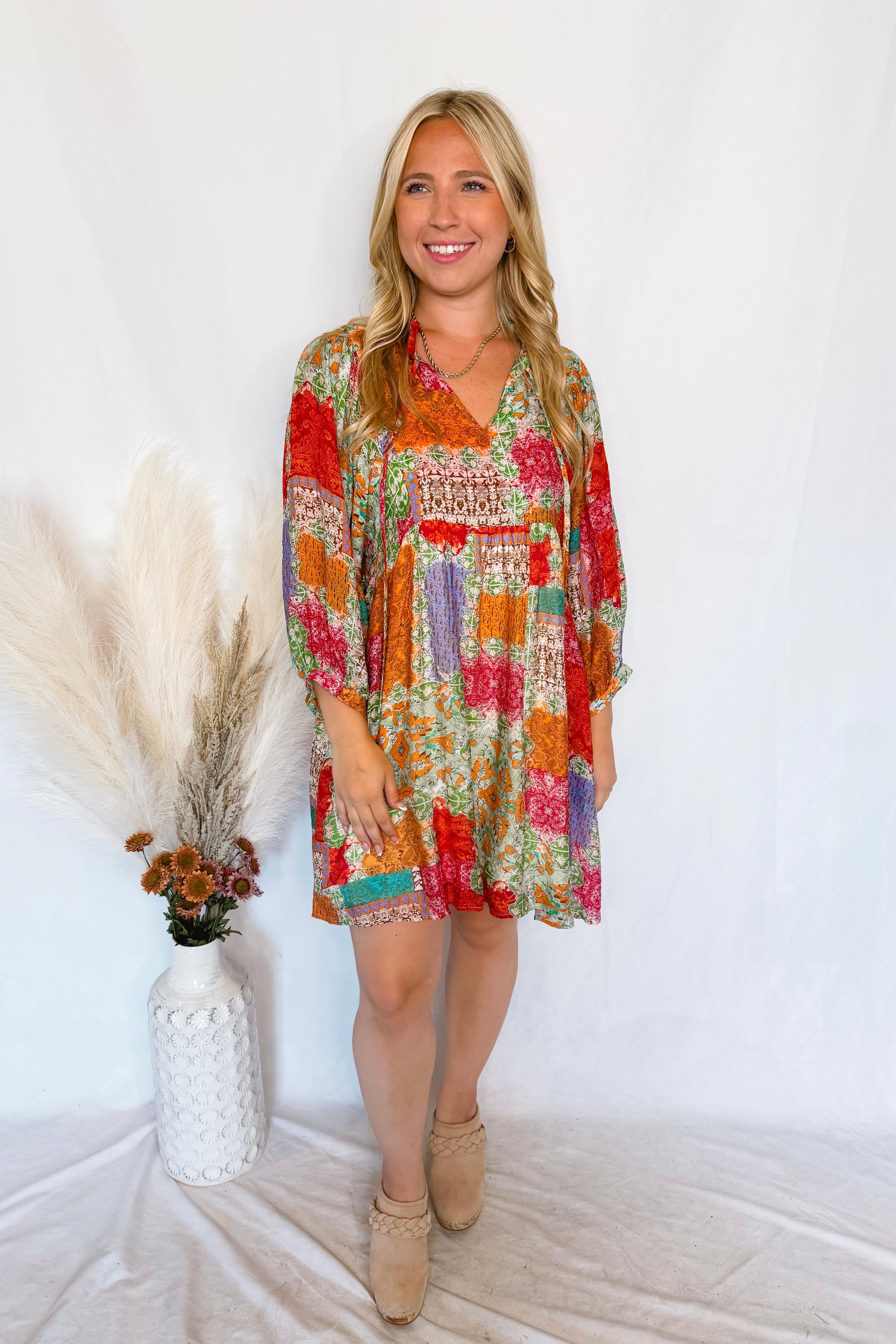 Tea Garden Patchwork Shift Dress - Green/Multi