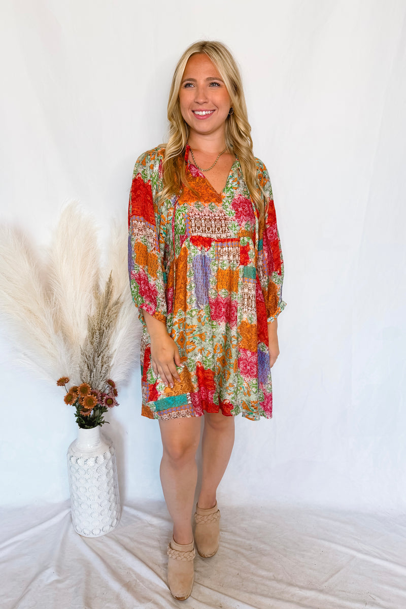 Tea Garden Patchwork Shift Dress - Green/Multi
