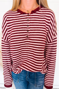 Astrid Lightweight Striped Henley Sweater - Burgundy/Pink