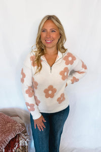 Warm Blooms Quarter Zip Sweater - Cream/Pink