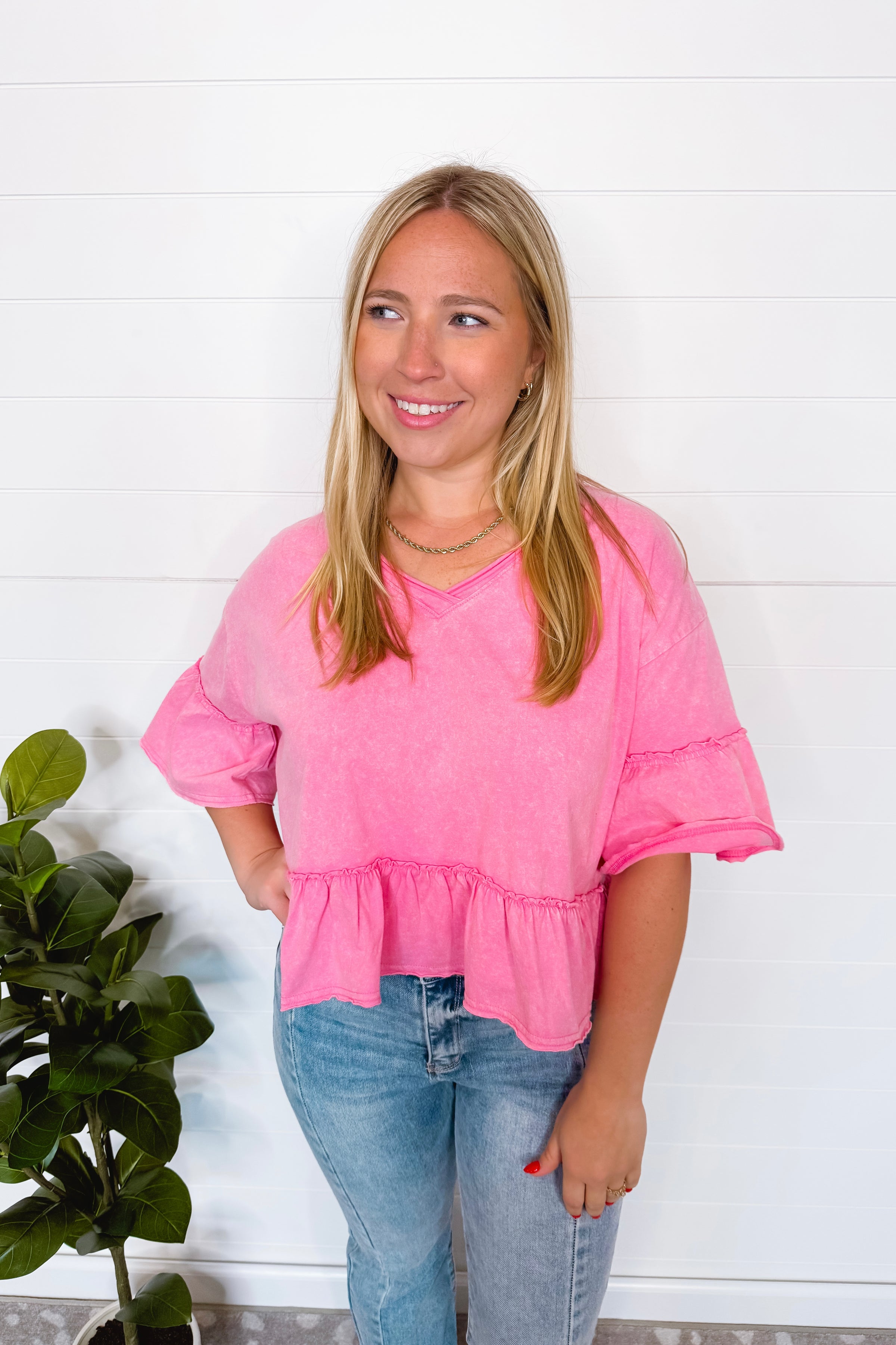 Cool And Casual Ruffle V-Neck Tee - Pink