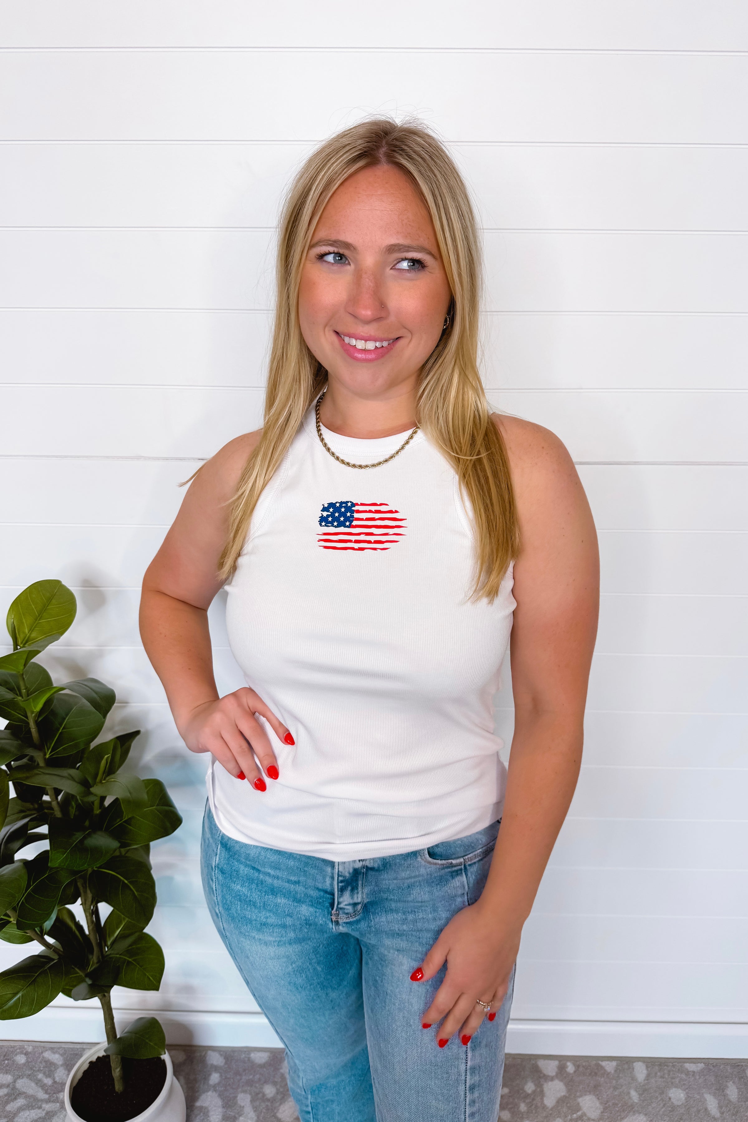 Distressed Flag Racerback Graphic Tank - White