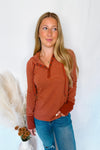 Hot Cider Striped Henley Hoodie - Rust