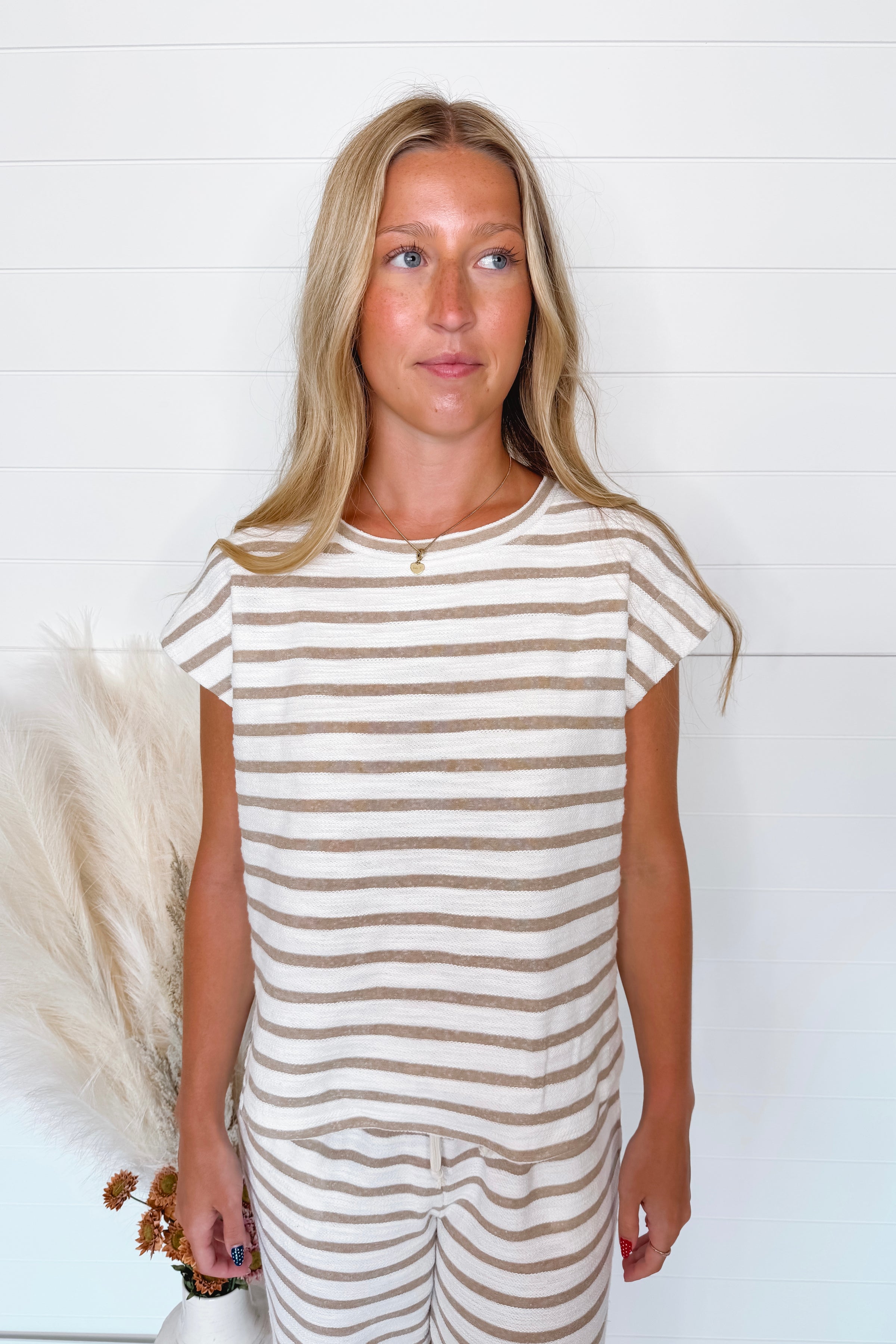 Hanging Out Striped Crew Neck Top - Khaki