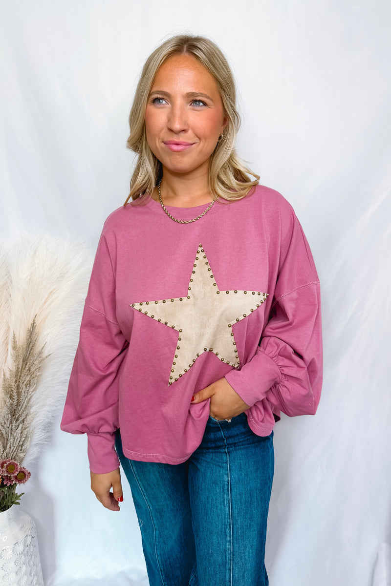 Shining Star Patch Crew Neck Top - Rose