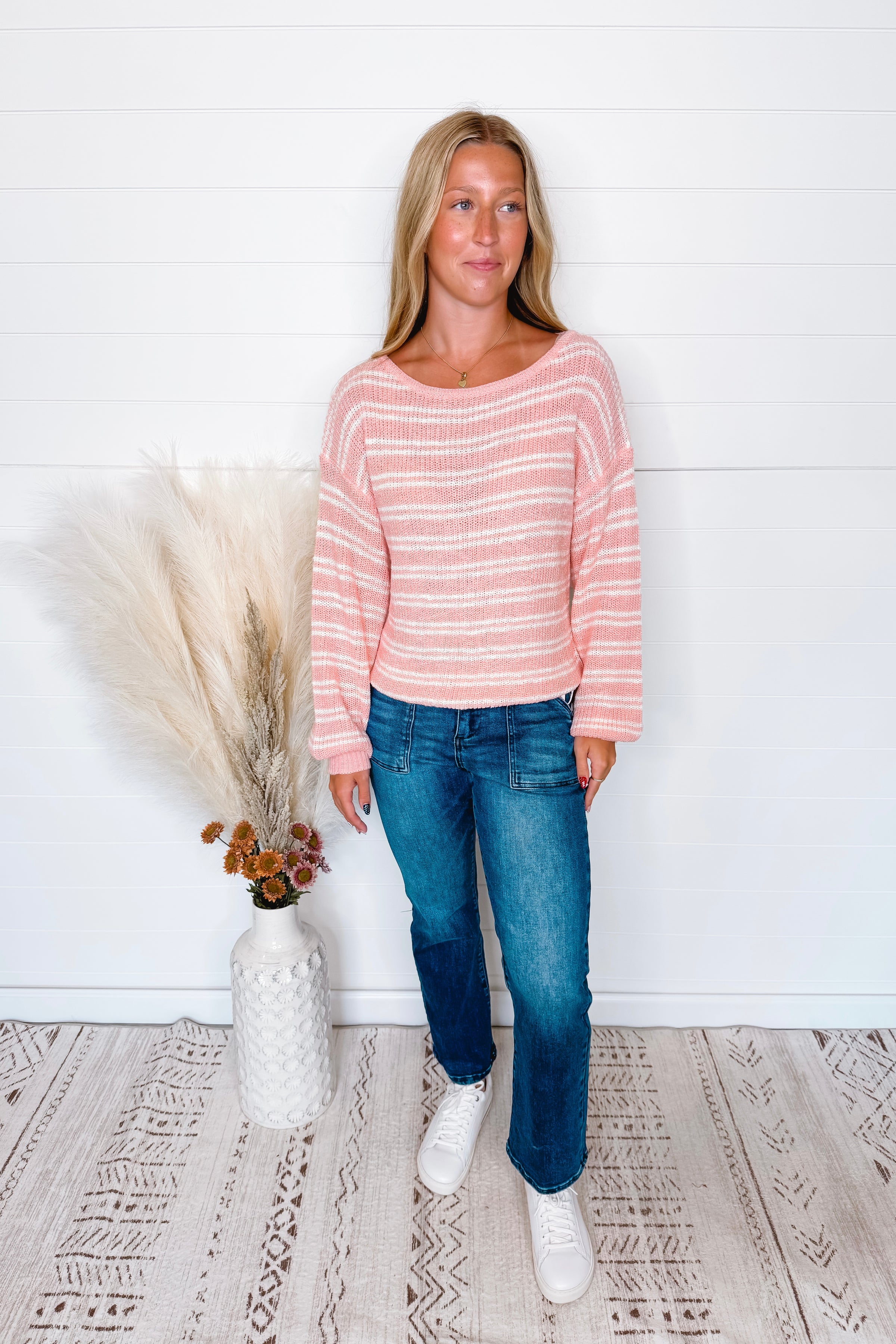 Soft Touch Striped Knit Sweater - Blush